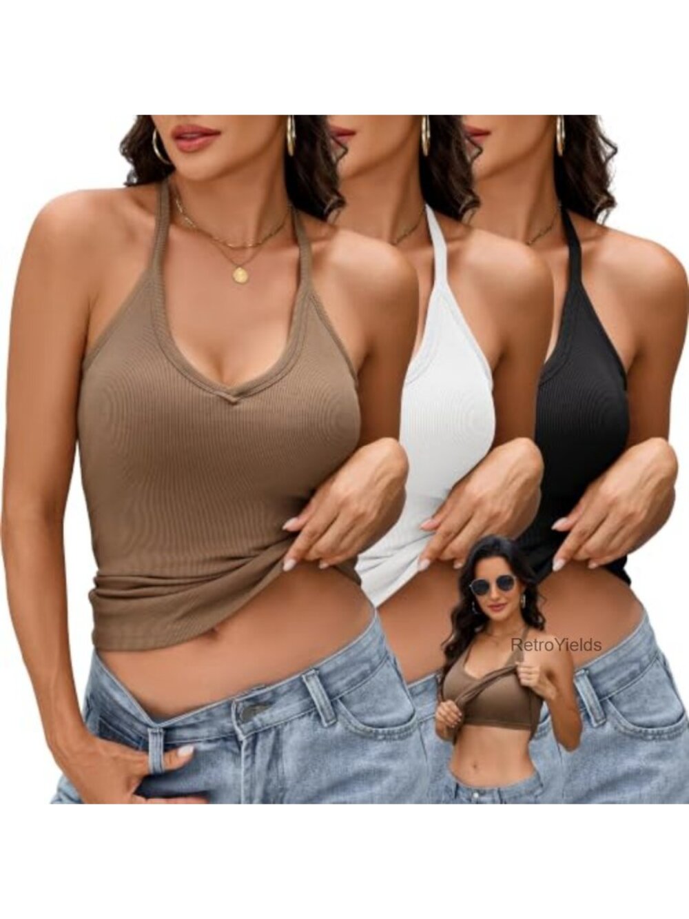 3 Pack Ribbed Racerback Tank Tops Built in Bra Removable Pads